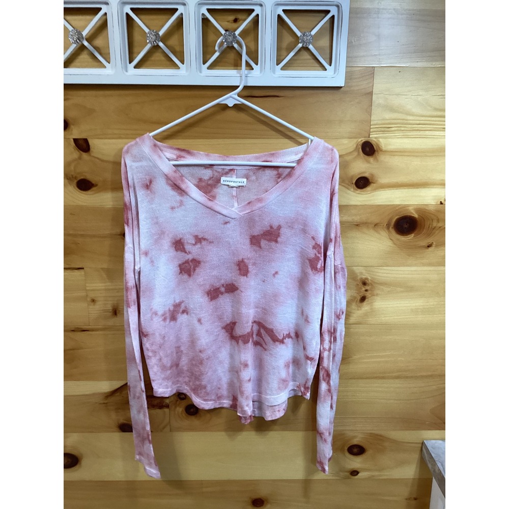 Aeropostale Womens M Pink White Tie Dye V-Neck Long Sleeve Knit Top Relaxed Fit